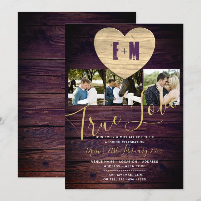 Rustic Violet Wedding Invites ADD 3 PHOTOS (Front/Back)