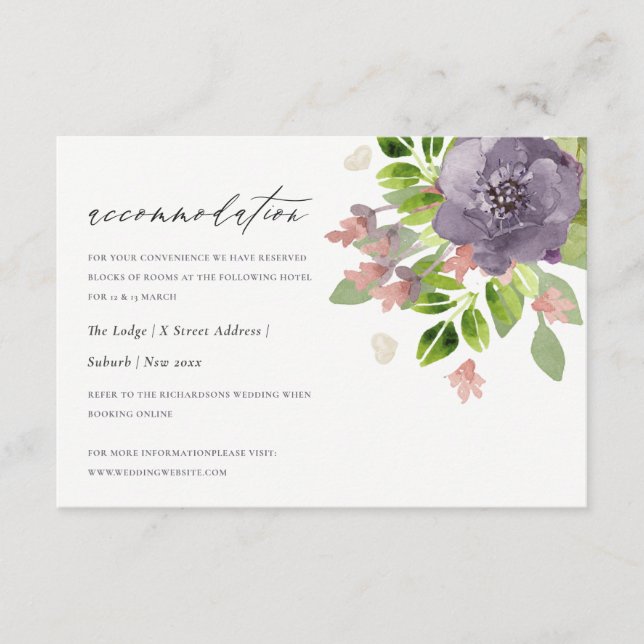 RUSTIC VIOLET WILD FLOWERS & FOLIAGE ACCOMMODATION ENCLOSURE CARD (Front)