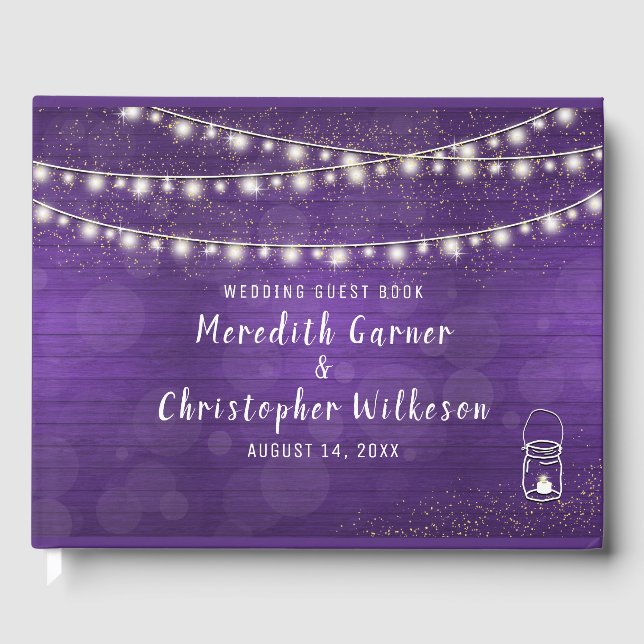 Rustic Violet Wood Mason Jar String Lights Wedding Guest Book (Front)