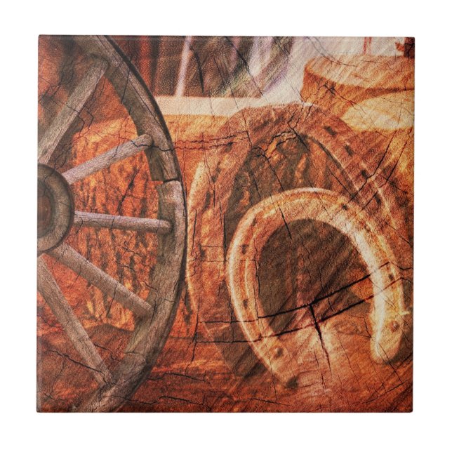 Rustic Wagon Wheel Horseshoes Western Style Ceramic Tile (Front)