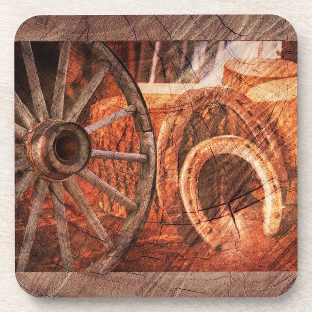 Rustic Wagon Wheel Horseshoes Western Style Coaster (Front)