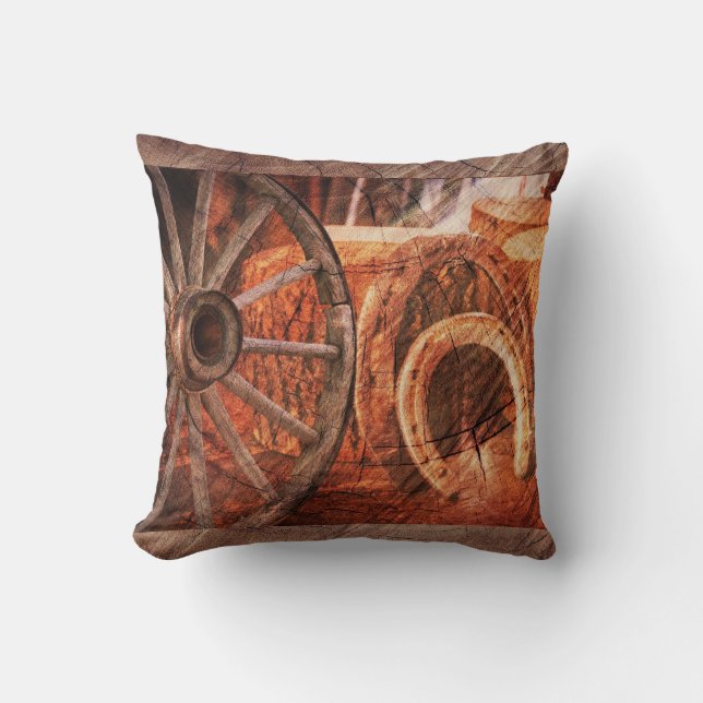 Rustic Wagon Wheel Horseshoes Western Style Cushion (Front)
