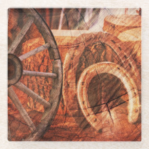 Rustic Wagon Wheel Horseshoes Western Style Glass Coaster