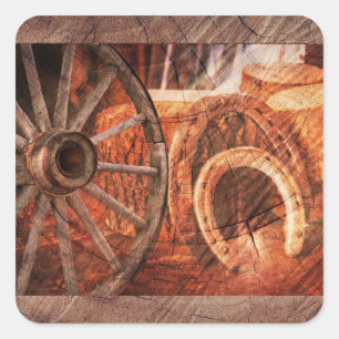 Rustic Wagon Wheel Horseshoes Western Style Square Sticker