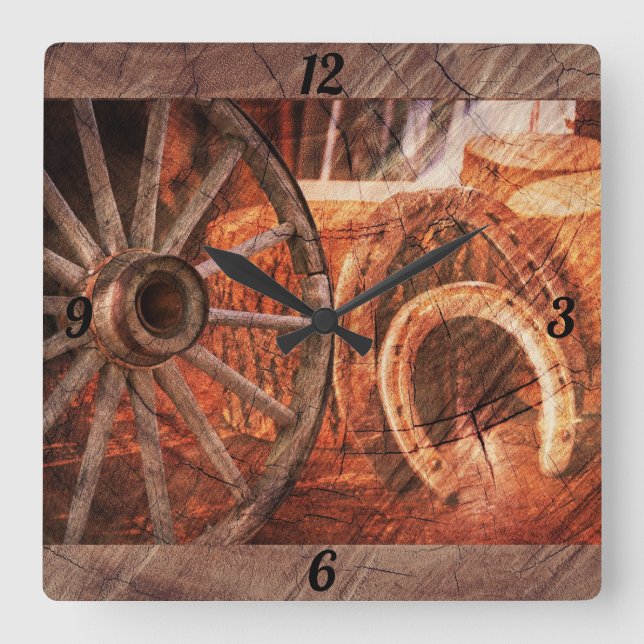 Rustic Wagon Wheel Horseshoes Western Style Square Wall Clock (Front)