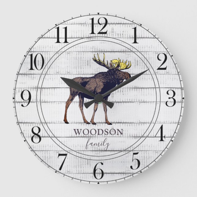 Rustic Walking Moose Wood Family Name Large Clock (Front)
