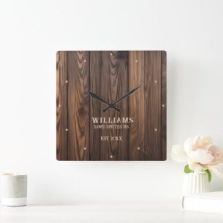 Rustic Wallnut Wood Brown Personalised Square Wall Clock