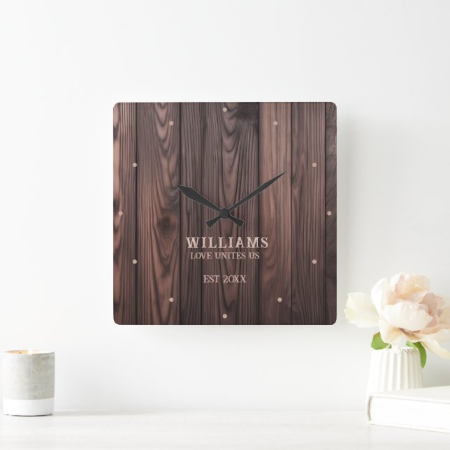Rustic Wallnut Wood Brown Personalised Square Wall Clock (Home)