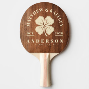 Rustic Walnut Wood Irish Clover Wedding Crest Ping Pong Paddle