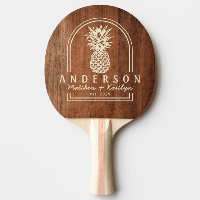 Rustic Walnut Wood Pineapple Wedding Arch & Name Ping Pong Paddle (Front)