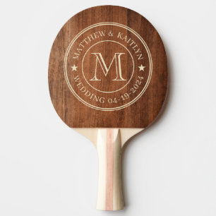 Rustic Walnut Wood Wedding Monogram Star Ping Pong Paddle