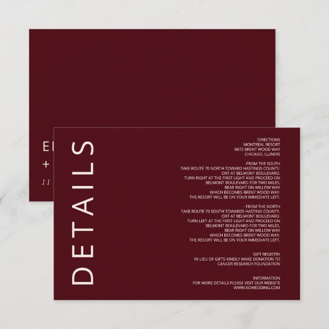 Rustic Warm Burgundy Modern Minimalist Wedding Enclosure Card (Front/Back)