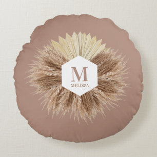Rustic Warm Neutral Colours Monogram  Round Cushion