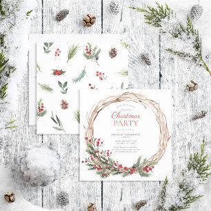 Rustic Warm Red Winter Wreath Christmas Party Invitation