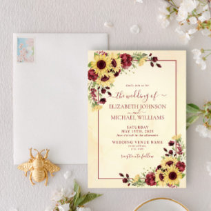 Rustic Warm Sunflower Burgundy Floral Wedding Invitation