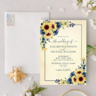 Rustic Warm Sunflower Navy Blue Floral Wedding Invitation