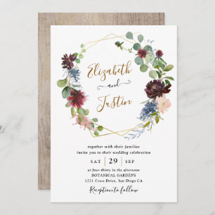 Rustic Waterclor Burgundy Navy Floral Wedding Invitation