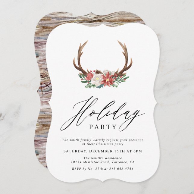 Rustic Watercolor Antler Christmas | Holiday Party Invitation (Front/Back)