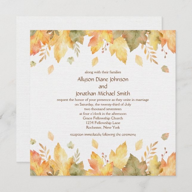 Rustic Watercolor Autumn Leaves Square 3 | Invitation (Front/Back)