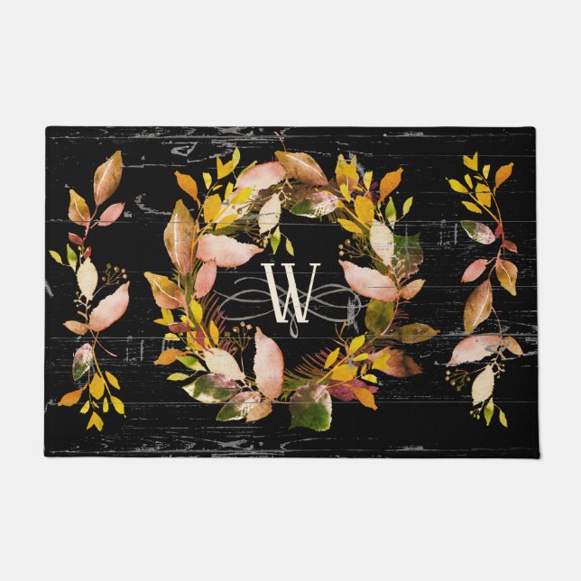 Rustic Watercolor Autumn Wreath Family Black Doormat (Front)