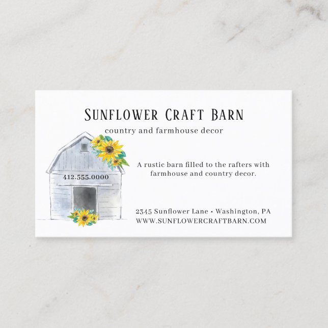 Rustic Watercolor Barn and Sunflowers Country  Business Card (Front)