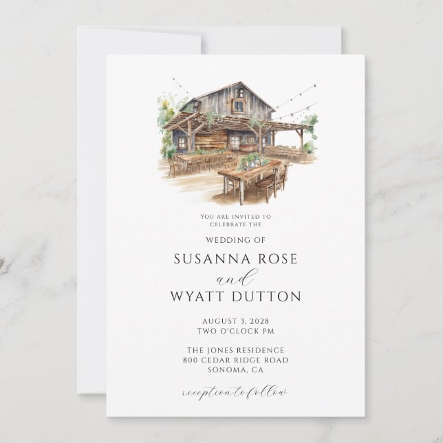Rustic Watercolor Barn Wedding Invitation (Front)