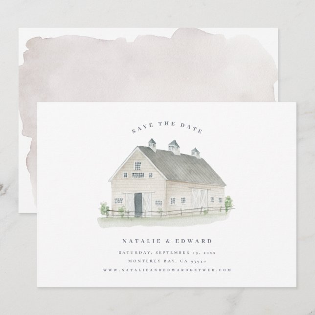 rustic watercolor barn wedding save the date (Front/Back)