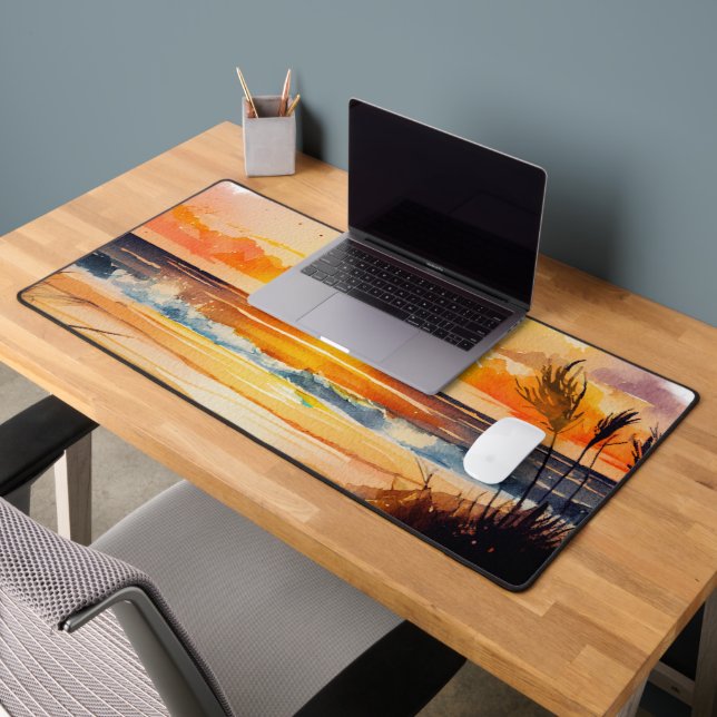 rustic watercolor beach sunset scene desk mat (Office 2)