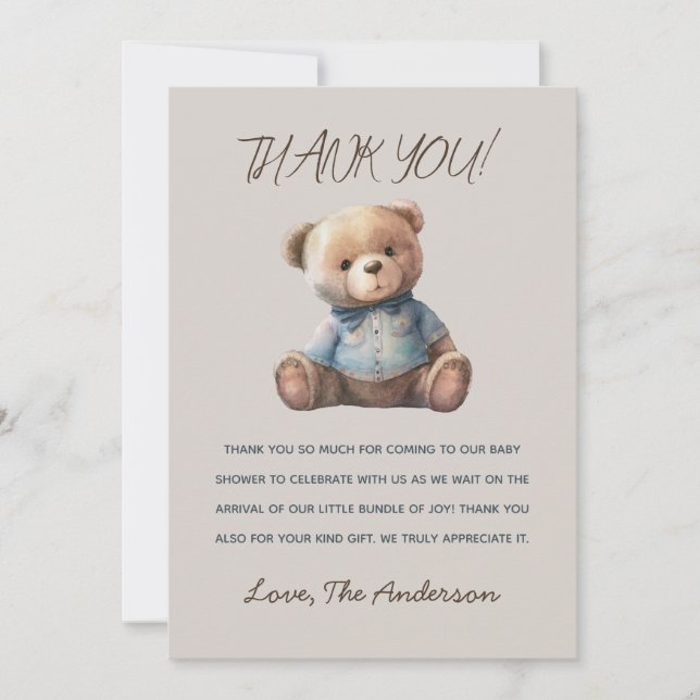 Rustic Watercolor Bear Baby Shower Thank You Card (Front)