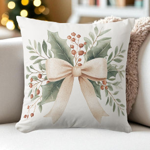 Rustic Watercolor Beige Bow Leaves and Berries Cushion