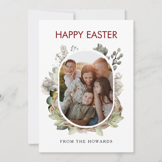 Rustic Watercolor Bird Nest Family Photo Easter Holiday Card (Front)