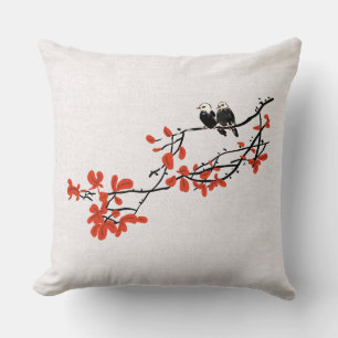 Rustic Watercolor Birds on Tree Branch Red Leaves Cushion