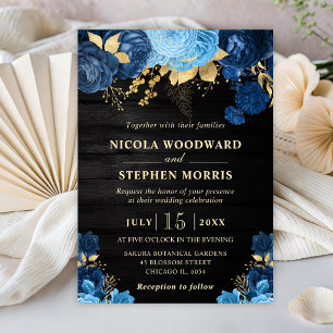 Rustic Watercolor Blue and Gold Flowers Wedding Invitation