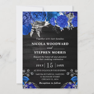 Rustic Watercolor Blue and Silver Flowers Wedding Invitation