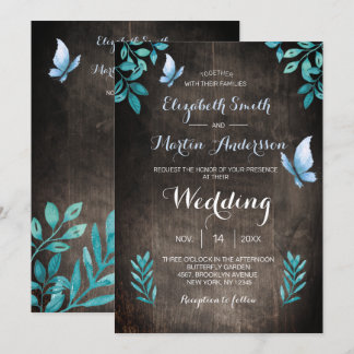 Rustic watercolor blue butterfly floral wedding invitation