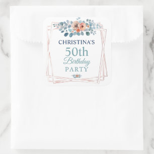 Rustic Watercolor Blue Floral 50th Birthday Party Square Sticker