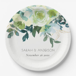 Rustic Watercolor Blue Green Floral Leafy Wedding Paper Plate
