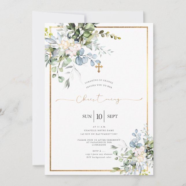 Rustic Watercolor Blue Gum Eucalyptus Christening Invitation (Front)