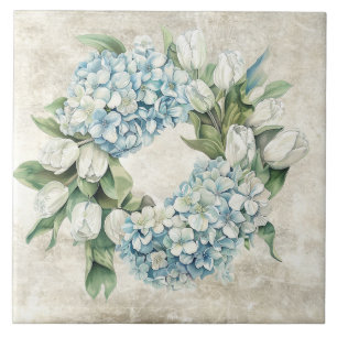 Rustic Watercolor Blue Hydrangea Tulips Wreath Ceramic Tile