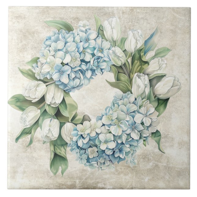 Rustic Watercolor Blue Hydrangea Tulips Wreath Ceramic Tile (Front)