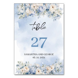 Rustic watercolor blue hydrangea white roses table number