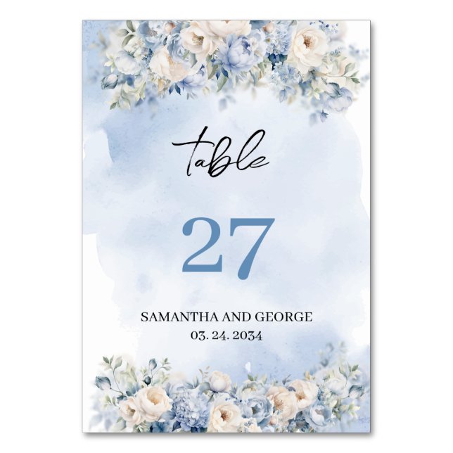 Rustic watercolor blue hydrangea white roses table number (Front)