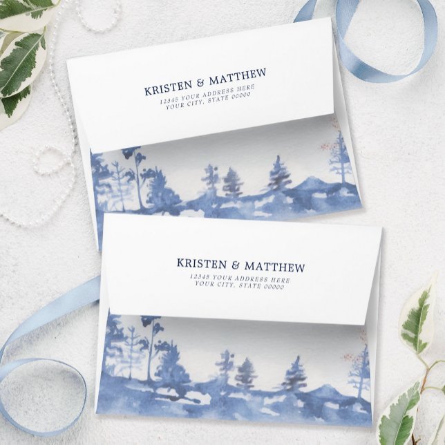 Rustic Watercolor Blue Mountain Envelope (Introducing our Blue Mountain Watercolor Wedding Envelope, an elegant emblem of your love story.)