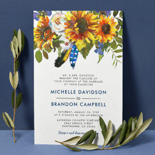 Rustic Watercolor Blue Sunflower Formal Wedding Invitation