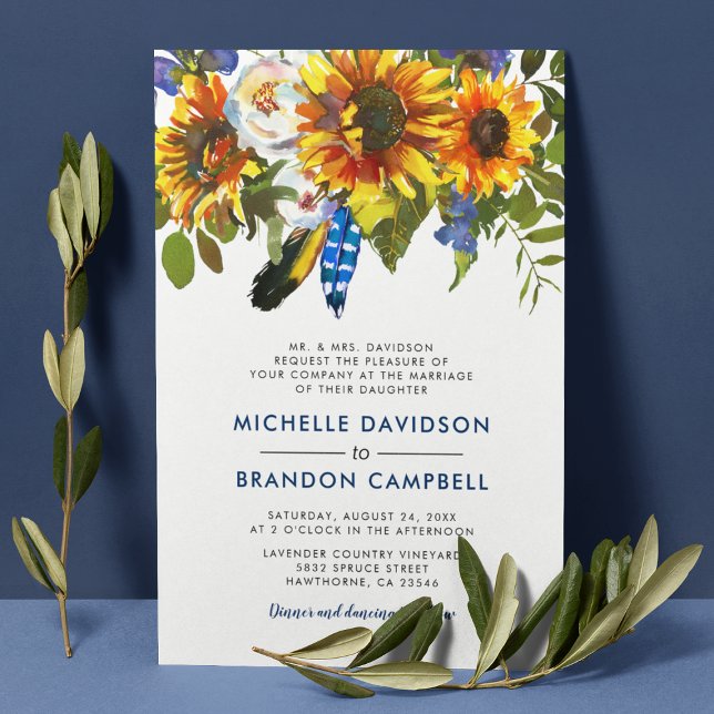 Rustic Watercolor Blue Sunflower Formal Wedding Invitation (Creator Uploaded)