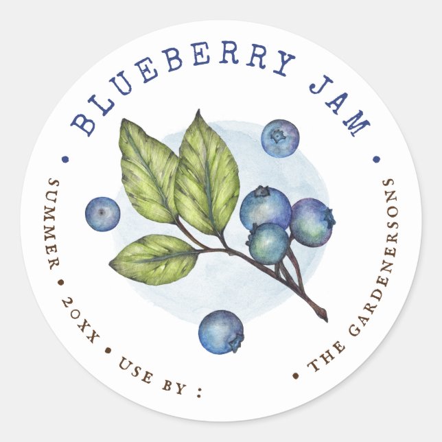 Rustic Watercolor Blueberry Jam Classic Round Sticker (Front)
