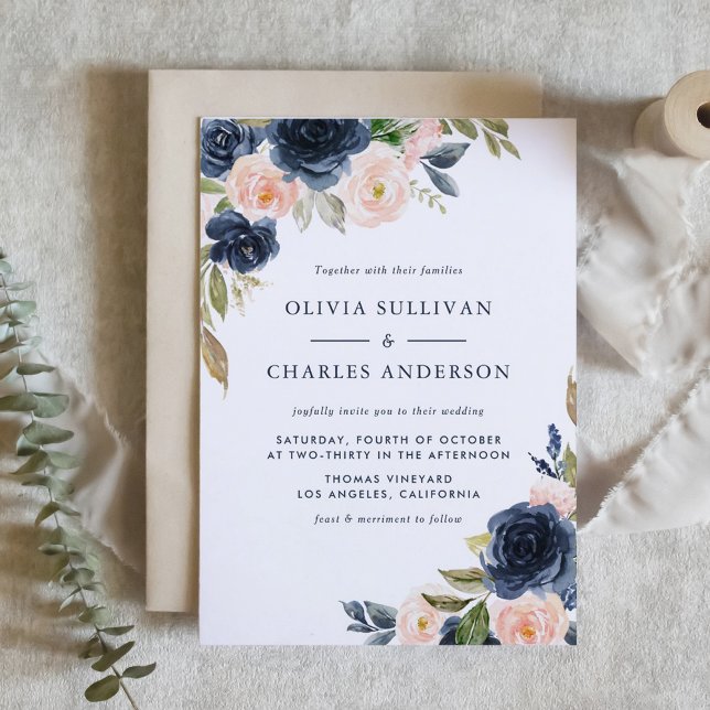 Rustic Watercolor Blush and Navy Flowers Wedding Invitation (Rustic Watercolor Blush and Navy Flowers Wedding Invitation)