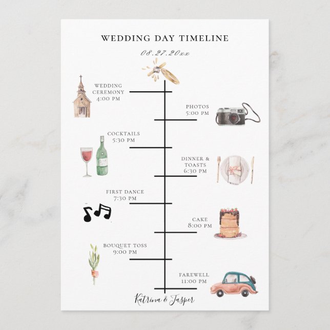 Rustic Watercolor Blush Plum Wedding Timeline Program (Front)