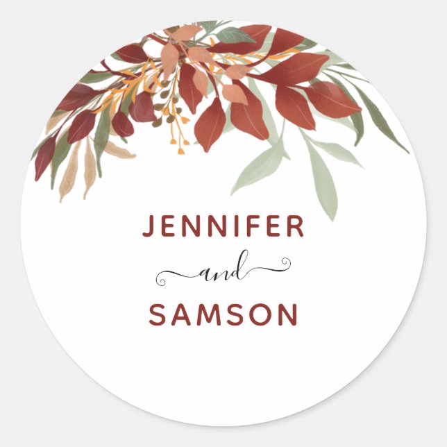 Rustic Watercolor Bohemian Fall Wedding Classic Round Sticker (Front)