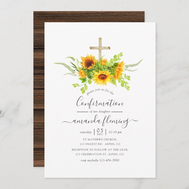 Rustic Watercolor Bohemian Sunflowers Confirmation Invitation (Front/Back)